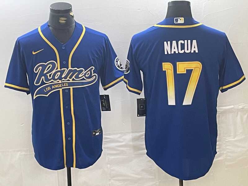 Mens Los Angeles Rams #17 Puka Nacua Royal With Patch Cool Base Stitched Baseball Jersey